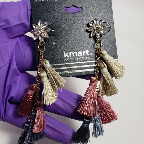 NWT Gold tone Multi color Drop Dangle Crystal Tassel Earrings - Picture 6 of 7